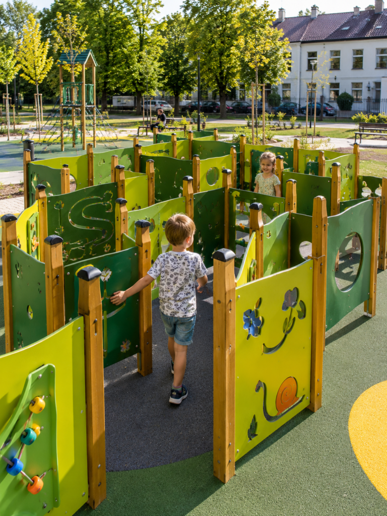 Nowoczesny labirynt dla dzieci na dużym placu zabaw w parku miejskim. Drewniane i kolorowe przejścia, dzieci bawiące się naturalnie,