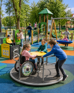 Nowoczesny integracyjny plac zabaw w dużym parku miejskim. Dzieci o różnych możliwościach ruchowych bawiące się wspólnie na urządzeniach integracyjnych.