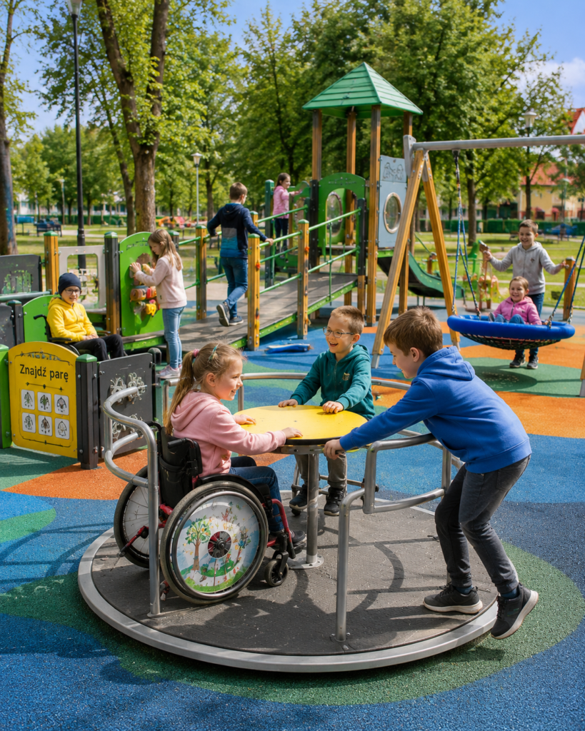 Nowoczesny integracyjny plac zabaw w dużym parku miejskim. Dzieci o różnych możliwościach ruchowych bawiące się wspólnie na urządzeniach integracyjnych.